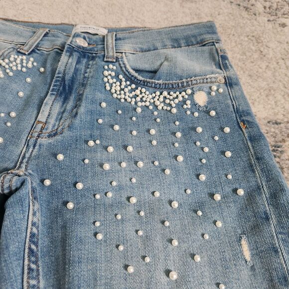 Zara Faux Pearl Embellished Skinny Jeans Size 4 Low Rise Ribbon Distressed Crop - Picture 4 of 13
